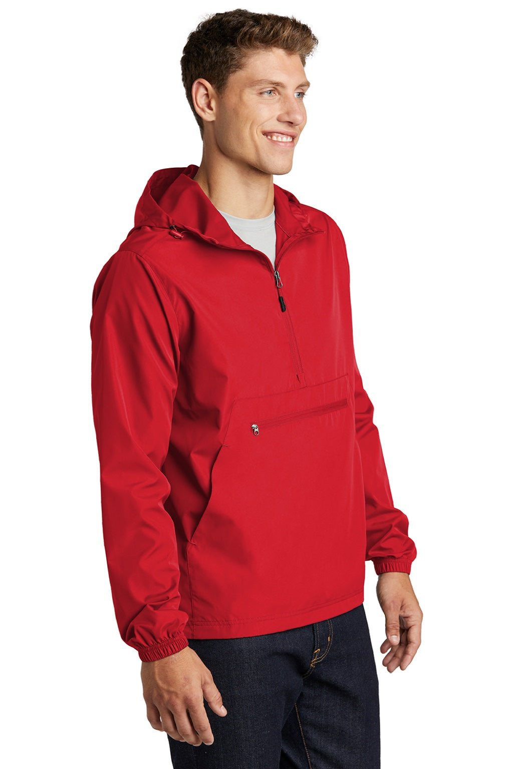 Sport-Tek JST66 Mens Wind & Water Resistant Packable Anorak 1/4 Zip Hooded Jacket True Red Model 3q