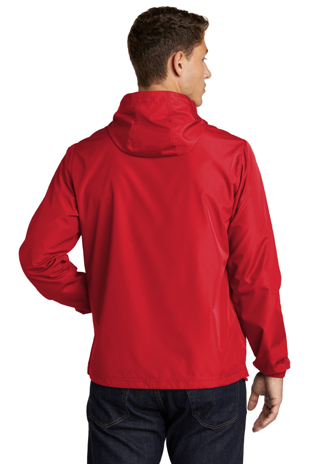 Sport-Tek JST66 Mens Wind & Water Resistant Packable Anorak 1/4 Zip Hooded Jacket True Red Model Back