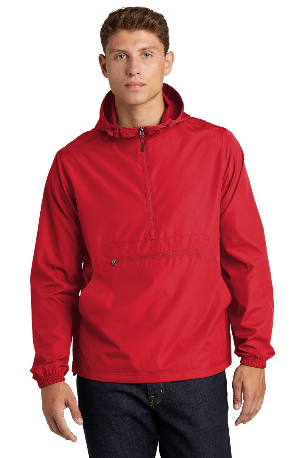Sport-Tek JST66 Mens Wind & Water Resistant Packable Anorak 1/4 Zip Hooded Jacket True Red Model Front