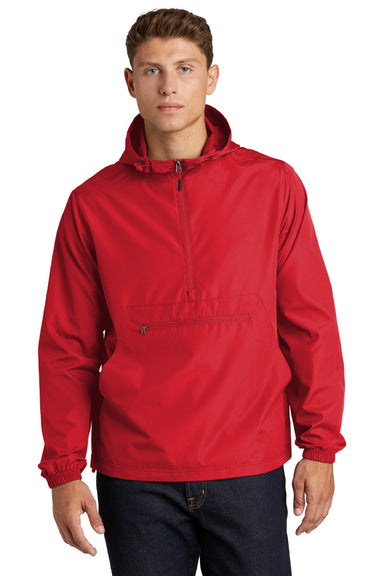 Sport-Tek JST66 Mens Wind & Water Resistant Packable Anorak 1/4 Zip Hooded Jacket True Red Model Front