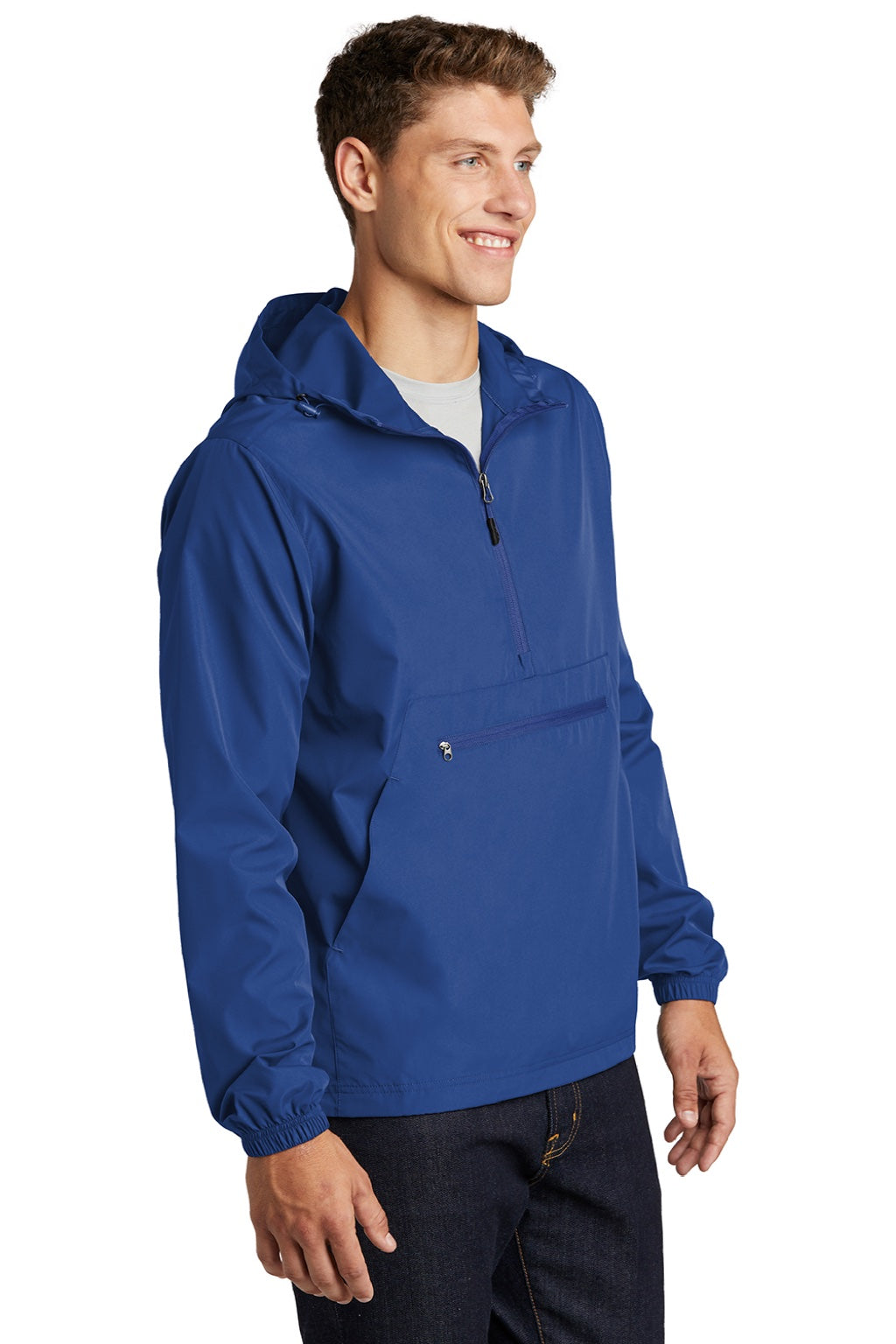 Sport-Tek JST66 Mens Wind & Water Resistant Packable Anorak 1/4 Zip Hooded Jacket True Royal Blue Model 3q