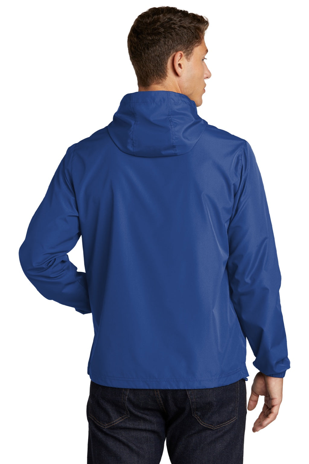 Sport-Tek JST66 Mens Wind & Water Resistant Packable Anorak 1/4 Zip Hooded Jacket True Royal Blue Model Back