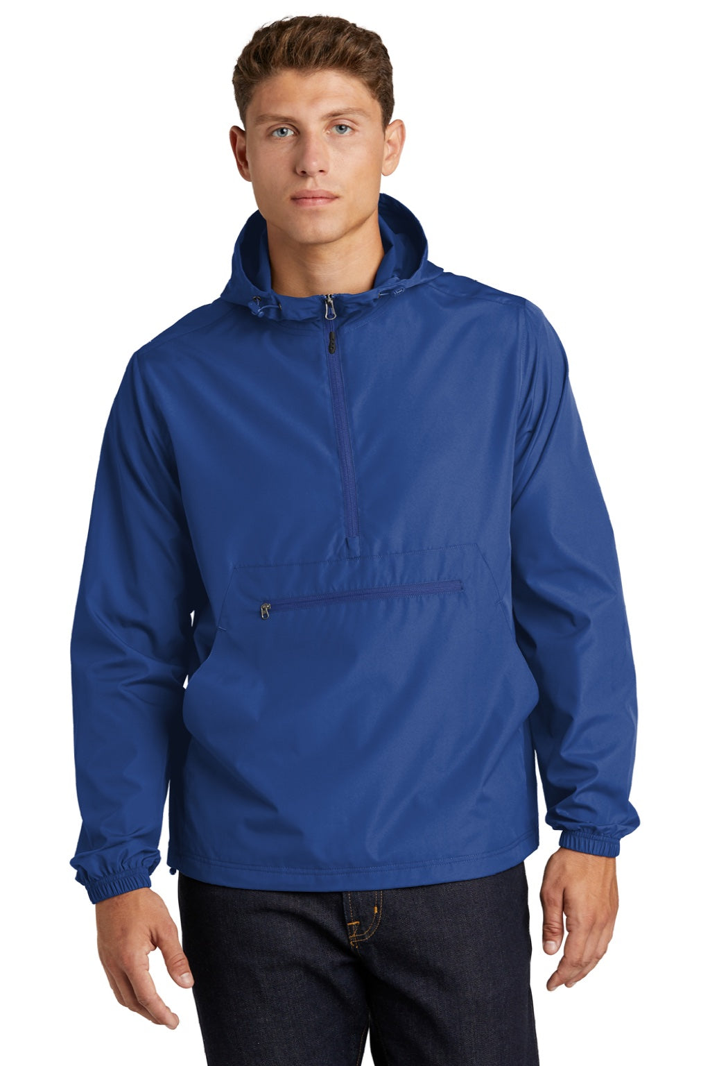 Sport-Tek JST66 Mens Wind & Water Resistant Packable Anorak 1/4 Zip Hooded Jacket True Royal Blue Model Front