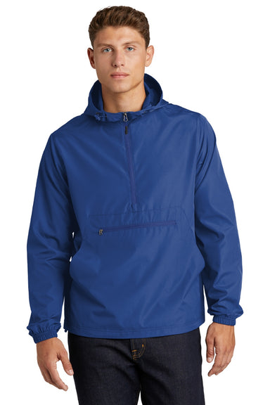 Sport-Tek JST66 Mens Wind & Water Resistant Packable Anorak 1/4 Zip Hooded Jacket True Royal Blue Model Front