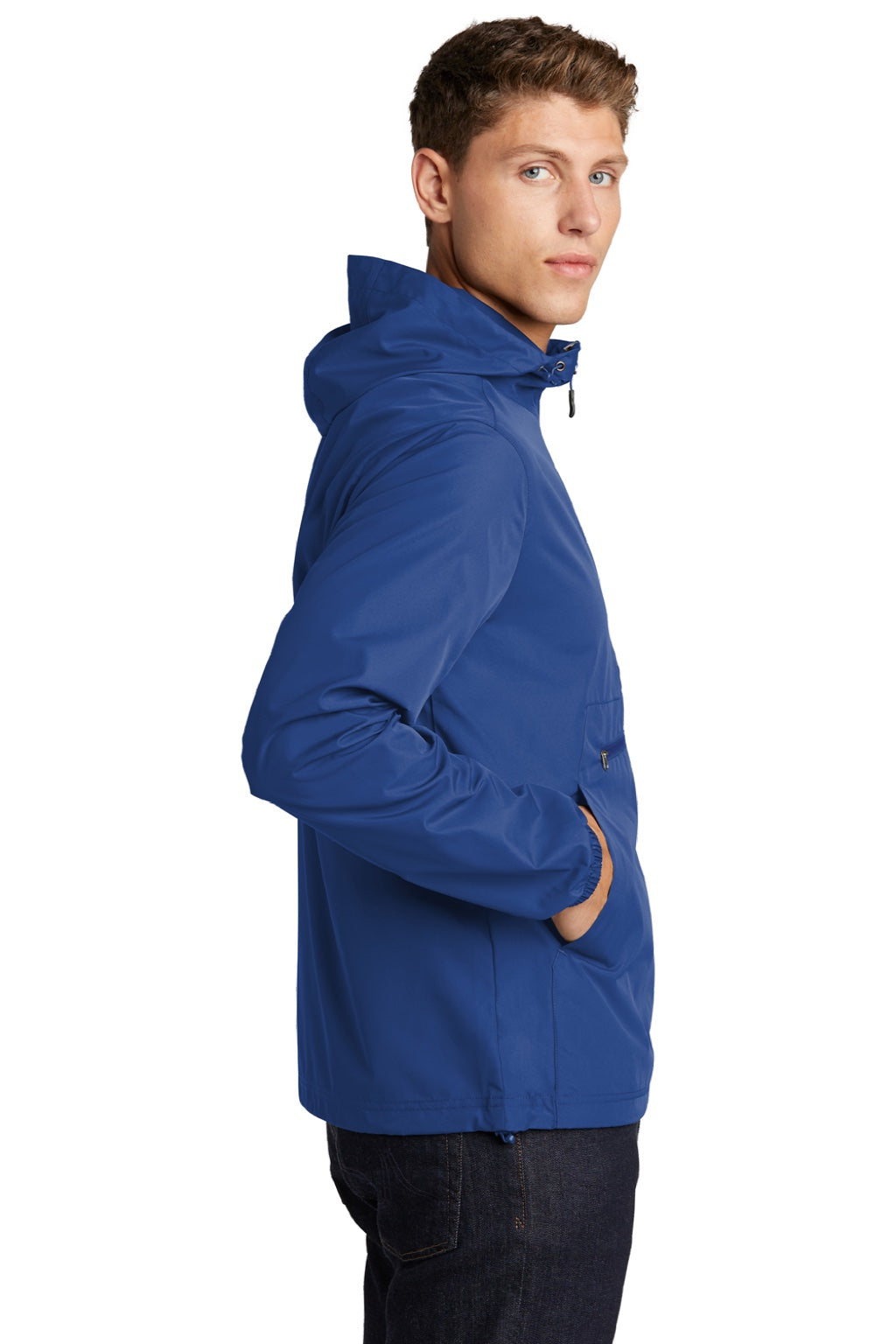 Sport-Tek JST66 Mens Wind & Water Resistant Packable Anorak 1/4 Zip Hooded Jacket True Royal Blue Model Side