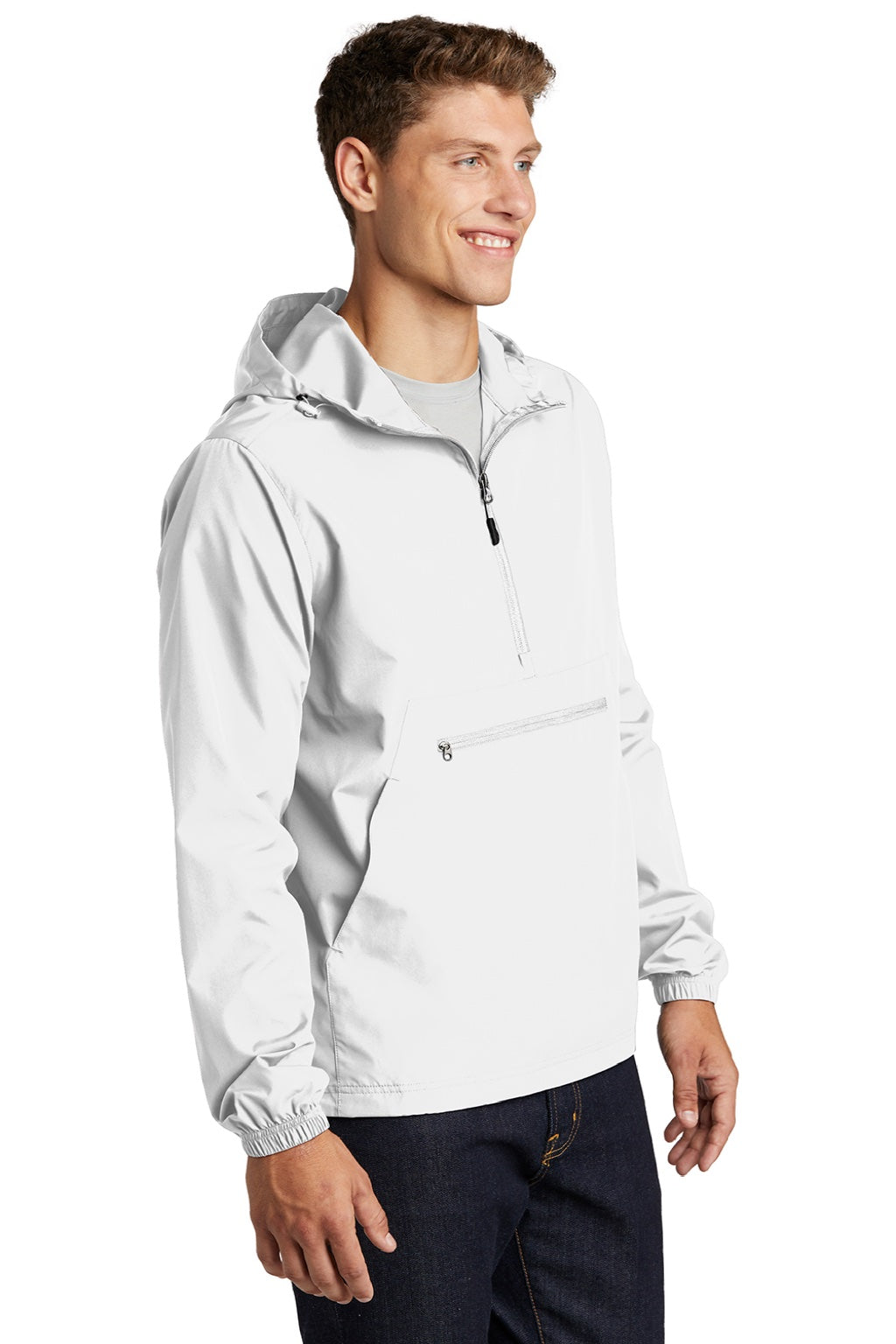 Sport-Tek JST66 Mens Wind & Water Resistant Packable Anorak 1/4 Zip Hooded Jacket White Model 3q