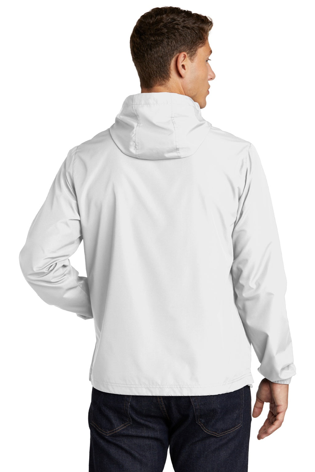 Sport-Tek JST66 Mens Wind & Water Resistant Packable Anorak 1/4 Zip Hooded Jacket White Model Back