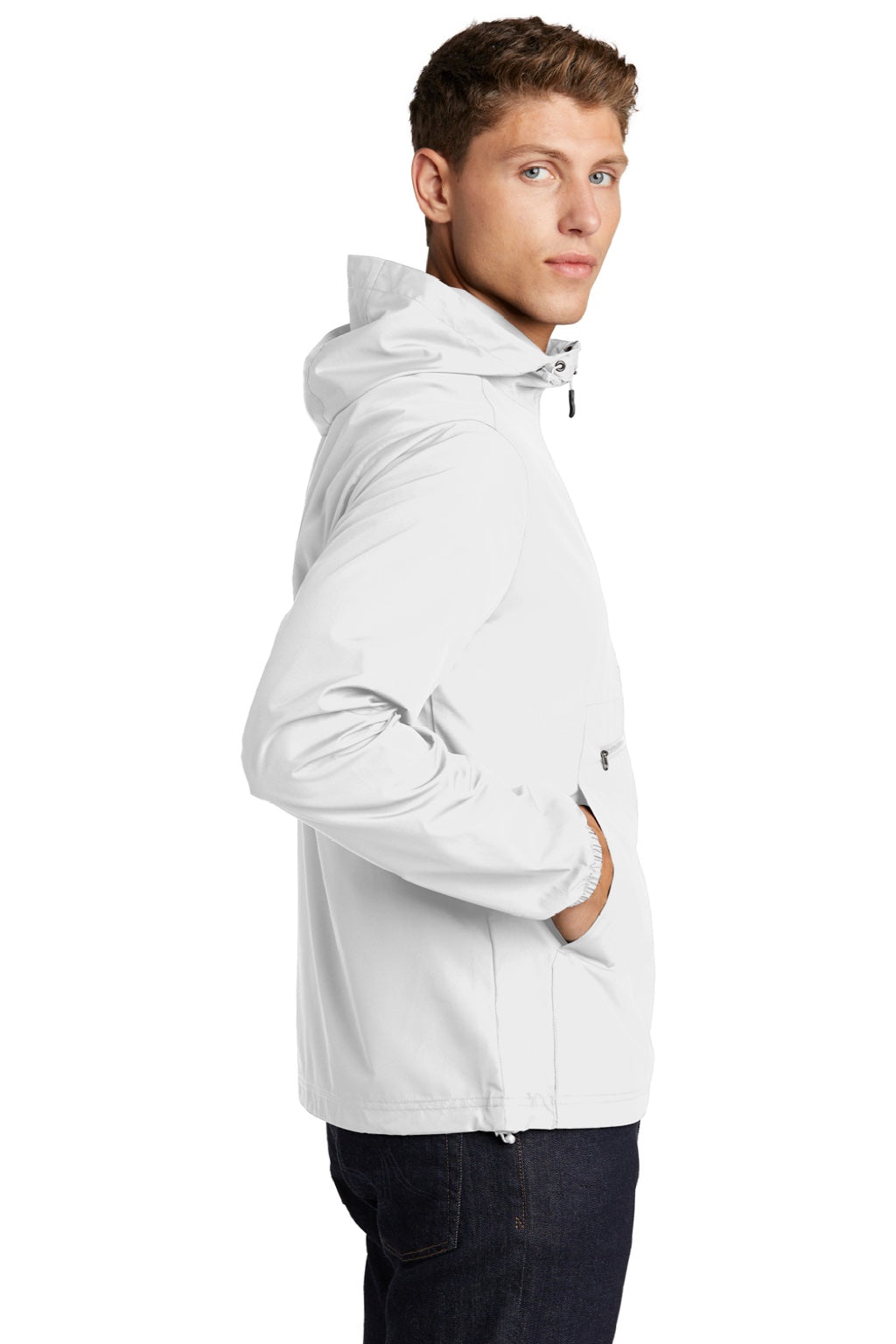 Sport-Tek JST66 Mens Wind & Water Resistant Packable Anorak 1/4 Zip Hooded Jacket White Model Side