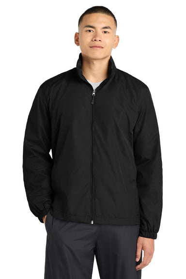 Sport-Tek JST70 Mens Water Resistant Full Zip Wind Jacket Black Model Front