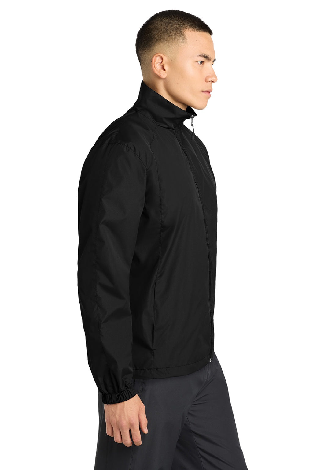 Sport-Tek JST70 Mens Water Resistant Full Zip Wind Jacket Black Model Side