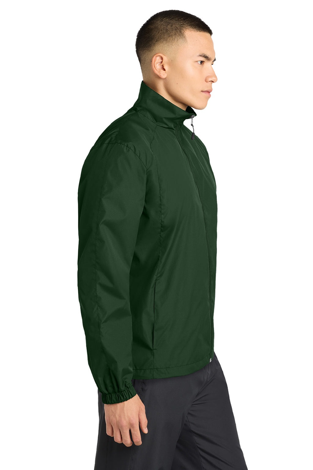 Sport-Tek JST70 Mens Water Resistant Full Zip Wind Jacket Forest Green Model Side
