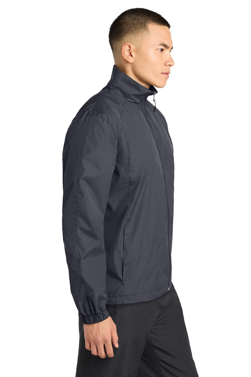 Sport-Tek JST70 Mens Water Resistant Full Zip Wind Jacket Graphite Grey Model Side