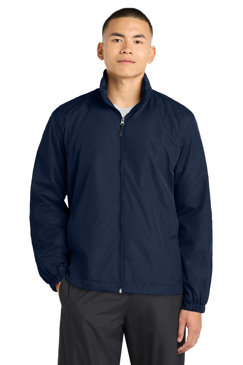 Sport-Tek JST70 Mens Water Resistant Full Zip Wind Jacket True Navy Blue Model Front