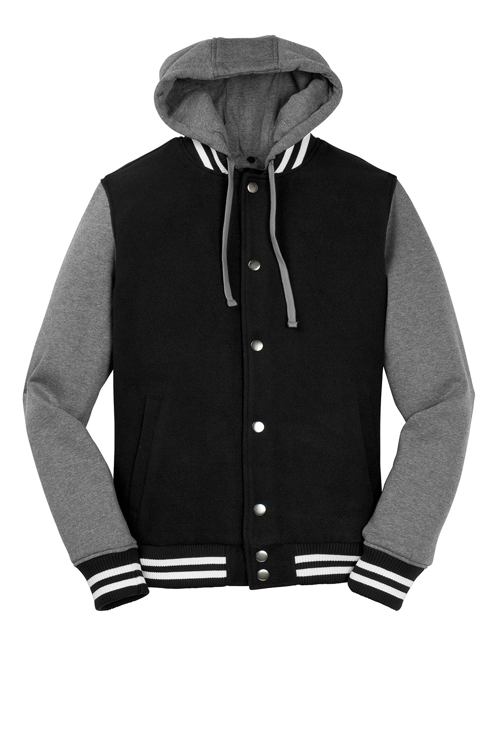 Sport-Tek JST82 Mens Snap Down Hooded Letterman Jacket Black/Heather Vintage Grey/White Flat Front