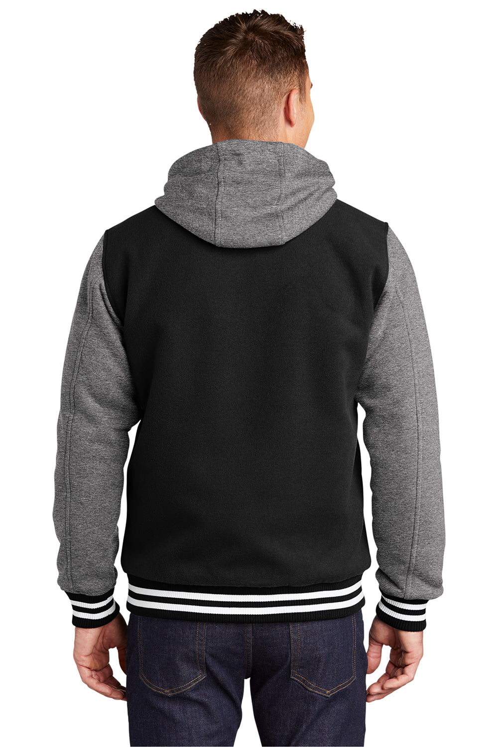 Sport-Tek JST82 Mens Snap Down Hooded Letterman Jacket Black/Heather Vintage Grey/White Model Back