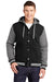 Sport-Tek JST82 Mens Snap Down Hooded Letterman Jacket Black/Heather Vintage Grey/White Model Front