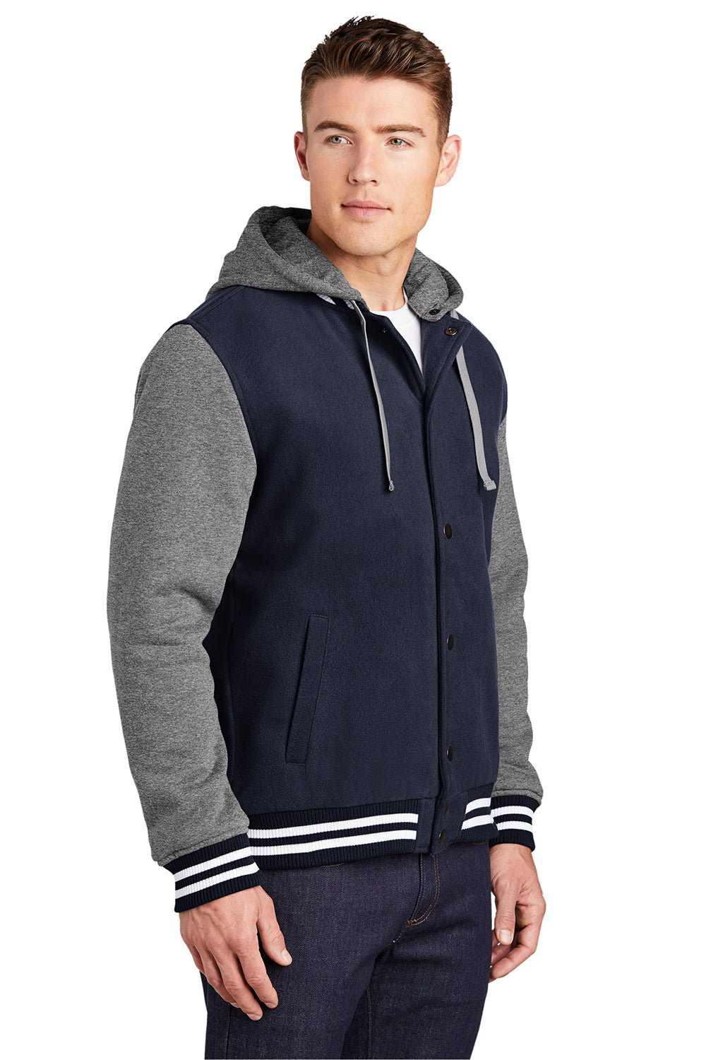 Sport-Tek JST82 Mens Snap Down Hooded Letterman Jacket True Navy Blue/Heather Vintage Grey/White Model 3q