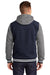 Sport-Tek JST82 Mens Snap Down Hooded Letterman Jacket True Navy Blue/Heather Vintage Grey/White Model Back