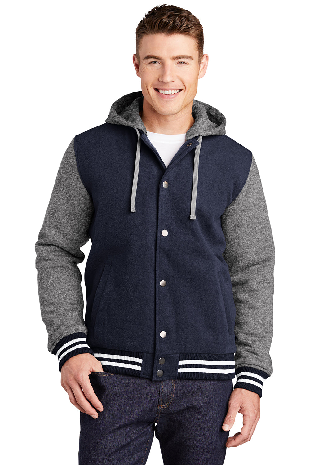 Sport-Tek JST82 Mens Snap Down Hooded Letterman Jacket True Navy Blue/Heather Vintage Grey/White Model Front