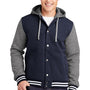 Sport-Tek Mens Snap Down Hooded Letterman Jacket - True Navy Blue/Heather Vintage Grey/White