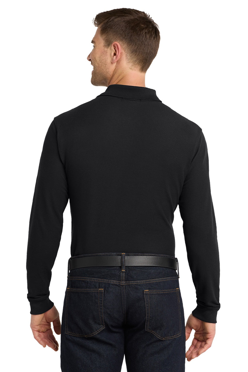 Port Authority K100LS Mens Core Classic Long Sleeve Polo Shirt Deep Black Model Back