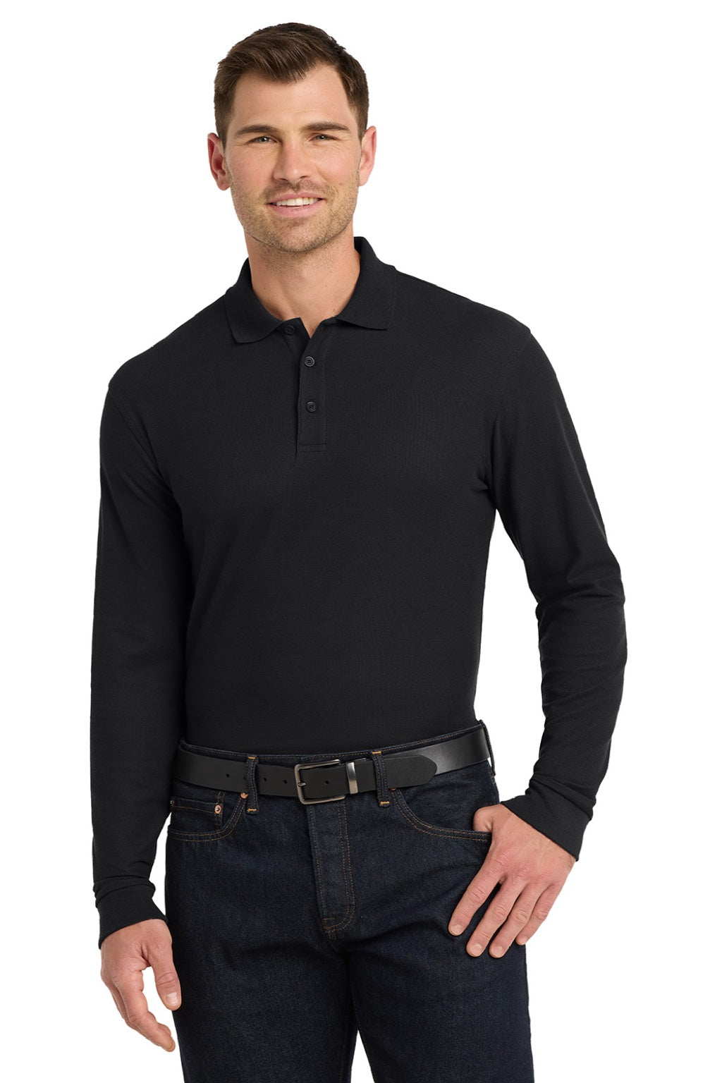 Port Authority K100LS Mens Core Classic Long Sleeve Polo Shirt Deep Black Model Front