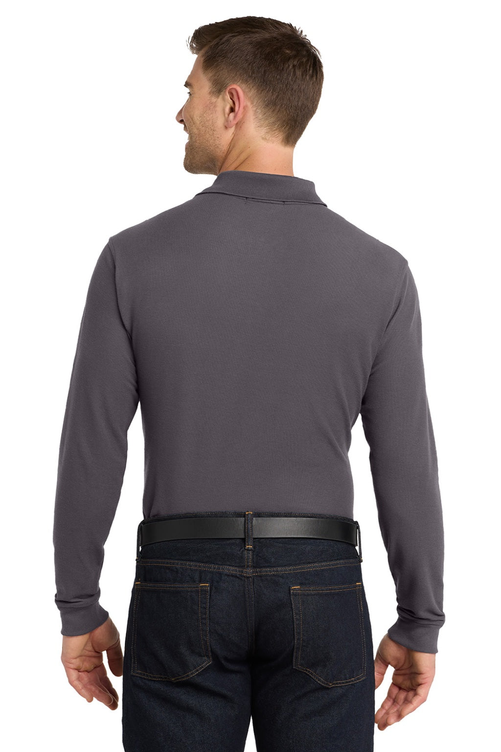 Port Authority K100LS Mens Core Classic Long Sleeve Polo Shirt Graphite Grey Model Back