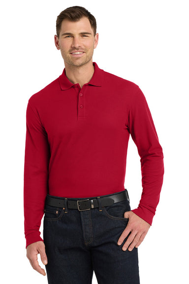 Port Authority K100LS Mens Core Classic Long Sleeve Polo Shirt Rich Red Model Front