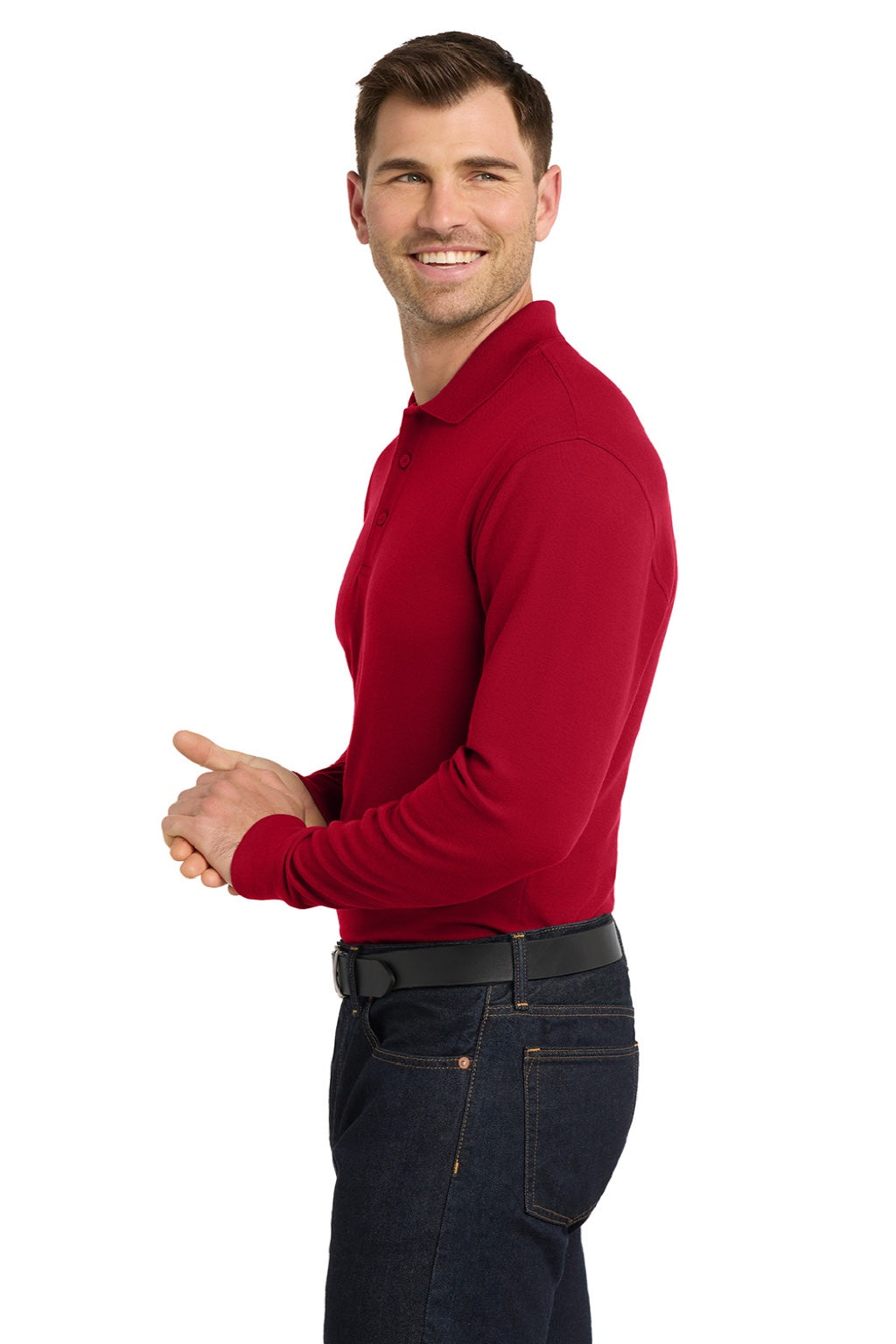 Port Authority K100LS Mens Core Classic Long Sleeve Polo Shirt Rich Red Model Side