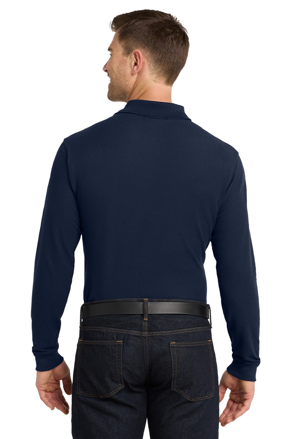 Port Authority K100LS Mens Core Classic Long Sleeve Polo Shirt River Navy Blue Model Back