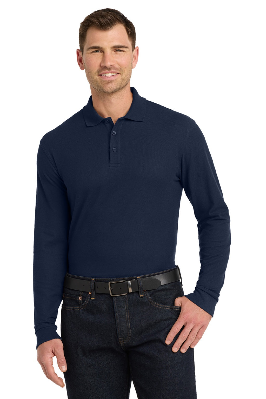 Port Authority K100LS Mens Core Classic Long Sleeve Polo Shirt River Navy Blue Model Front