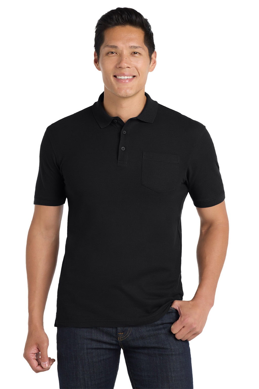 Port Authority K100P Mens Core Classic Short Sleeve Polo Shirt w/ Pocket Deep Black Model Front