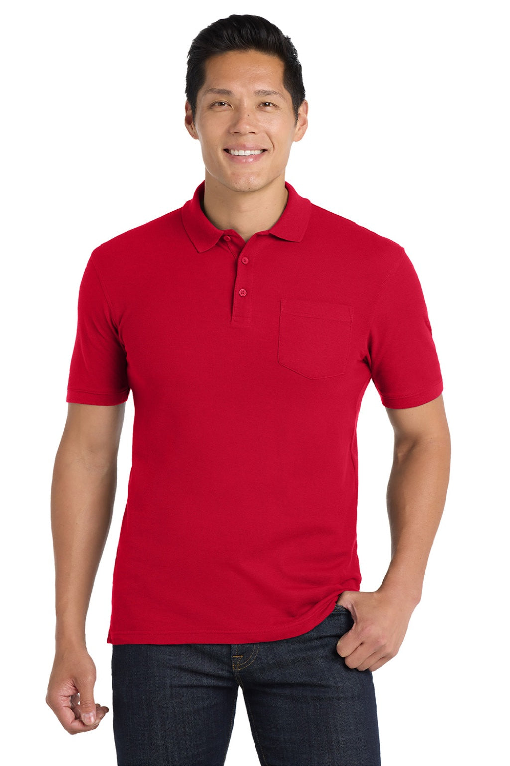 Port Authority K100P Mens Core Classic Short Sleeve Polo Shirt w/ Pocket Rich Red Model Front