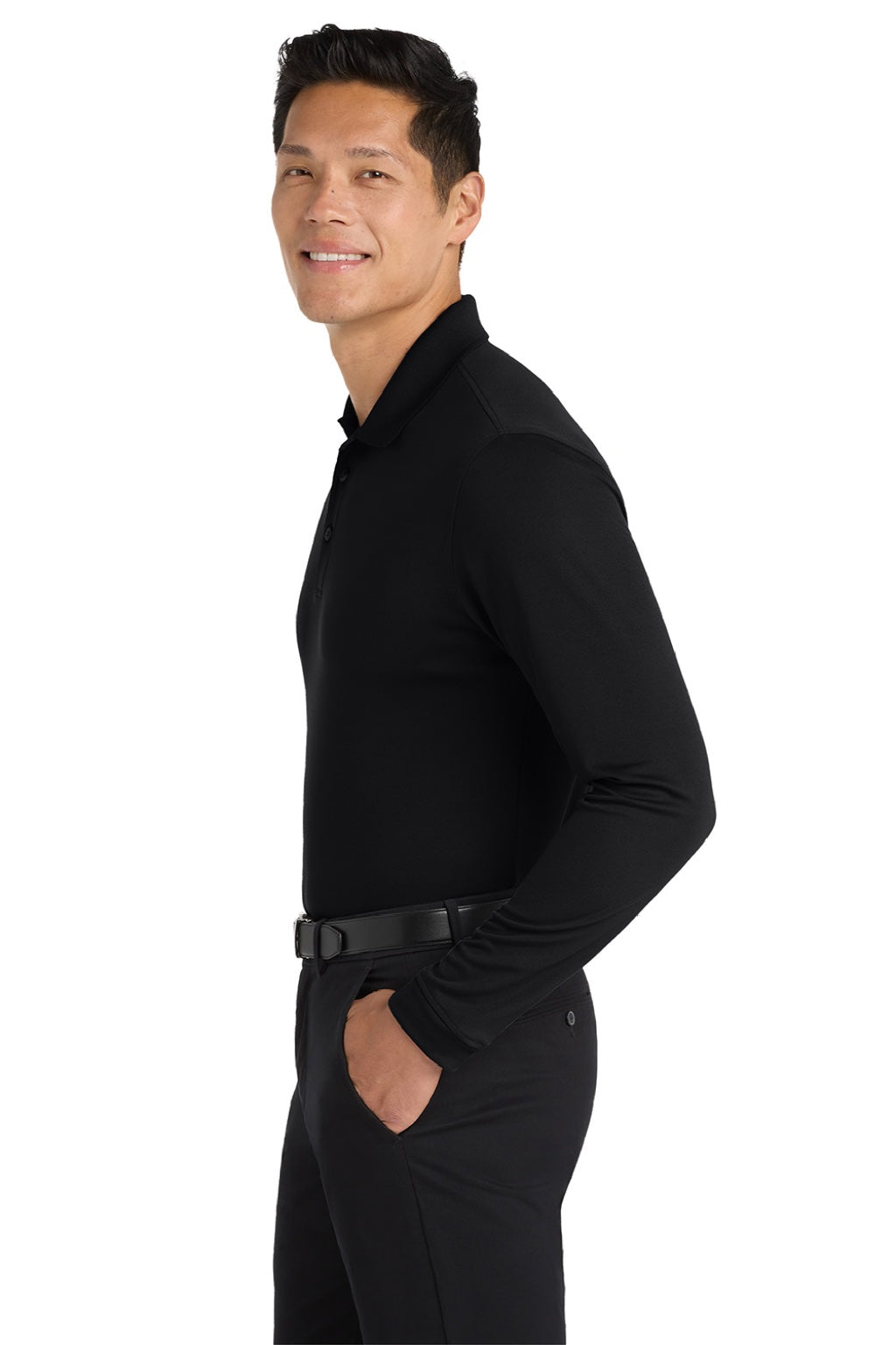 Port Authority K110LS Mens Dry Zone Performance Moisture Wicking Long Sleeve Polo Shirt Deep Black Model Side