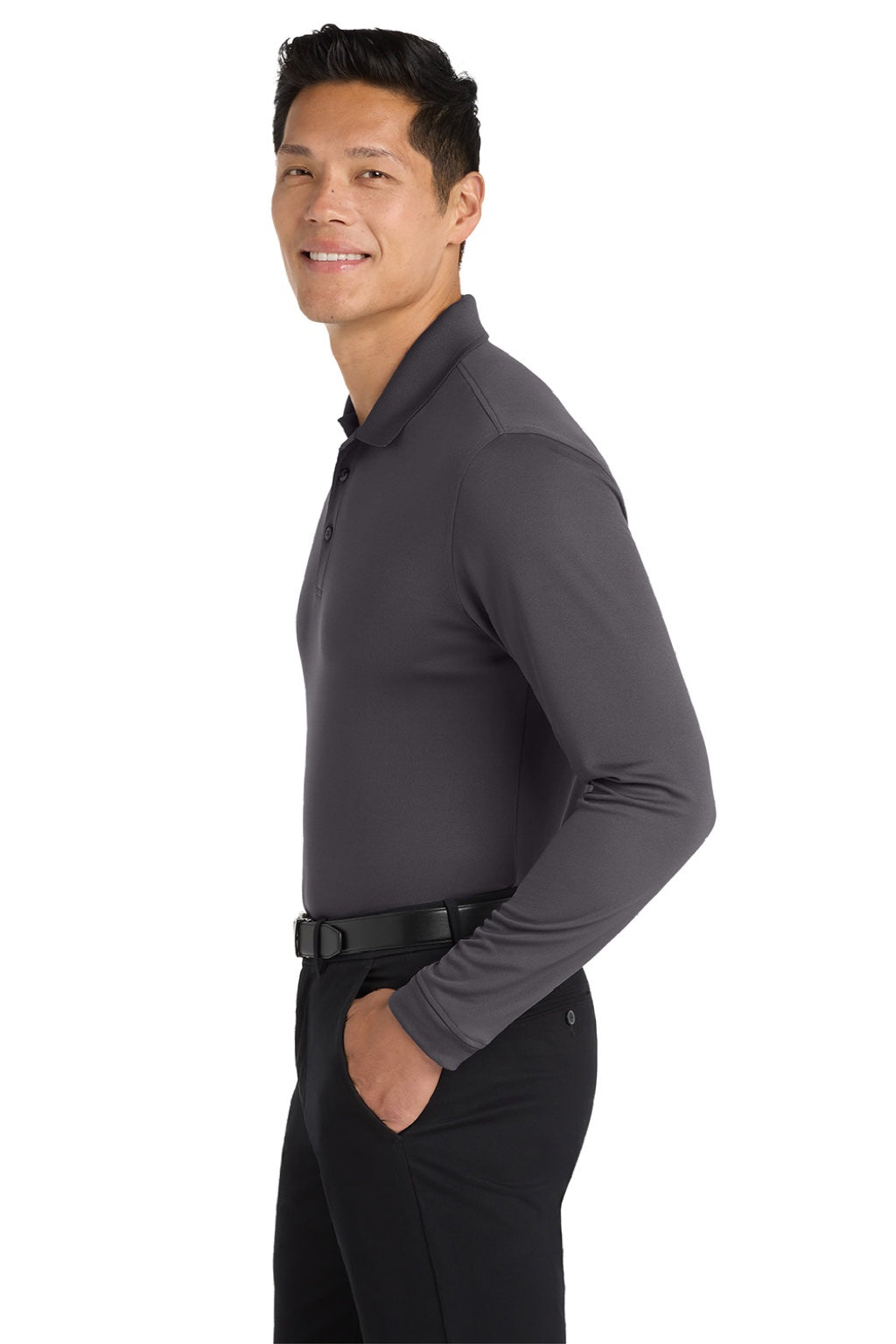Port Authority K110LS Mens Dry Zone Performance Moisture Wicking Long Sleeve Polo Shirt Graphite Grey Model Side