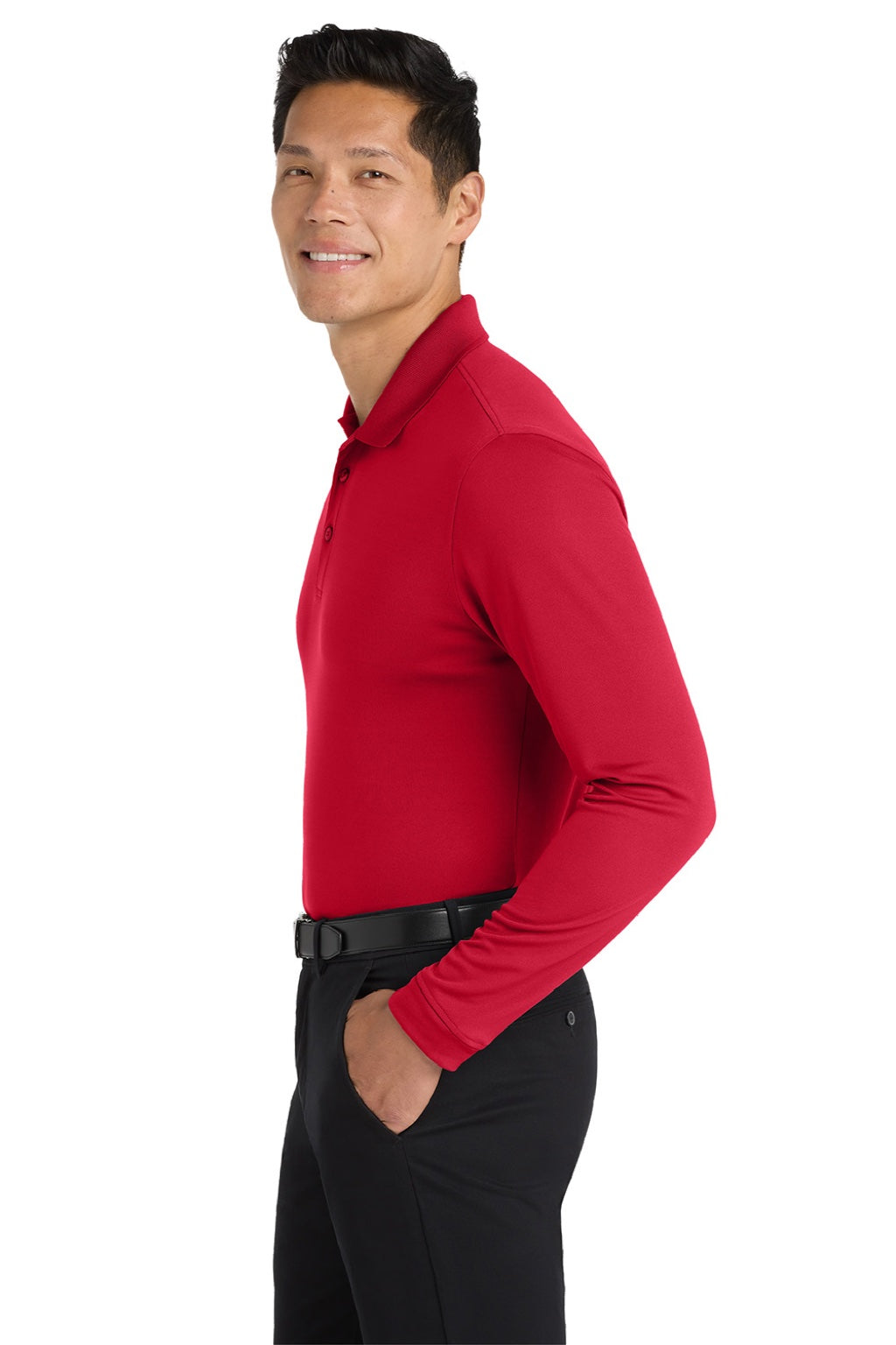 Port Authority K110LS Mens Dry Zone Performance Moisture Wicking Long Sleeve Polo Shirt Rich Red Model Side