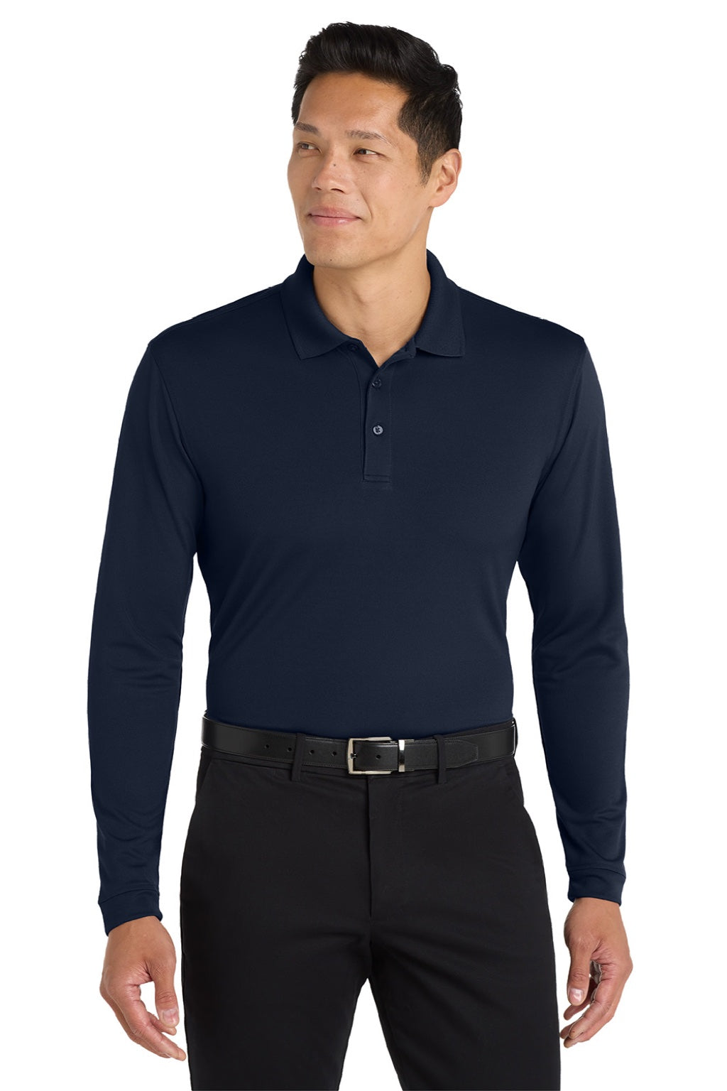 Port Authority K110LS Mens Dry Zone Performance Moisture Wicking Long Sleeve Polo Shirt River Navy Blue Model Front