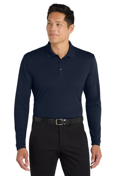 Port Authority K110LS Mens Dry Zone Performance Moisture Wicking Long Sleeve Polo Shirt River Navy Blue Model Front