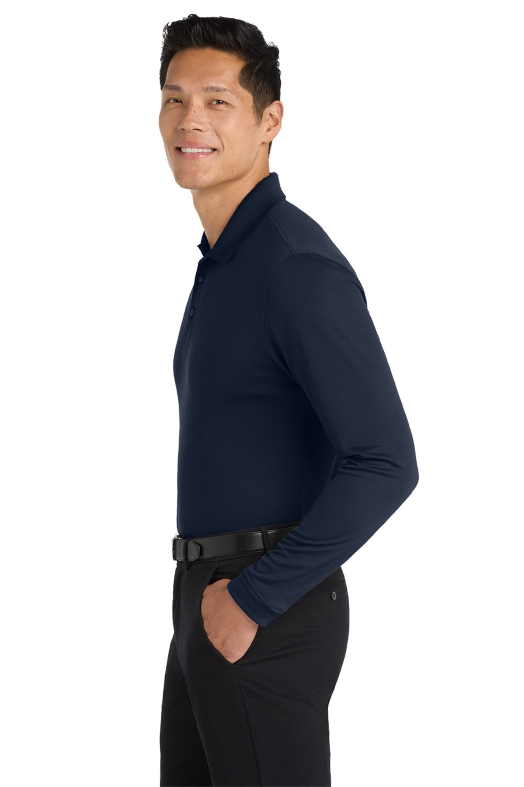 Port Authority K110LS Mens Dry Zone Performance Moisture Wicking Long Sleeve Polo Shirt River Navy Blue Model Side