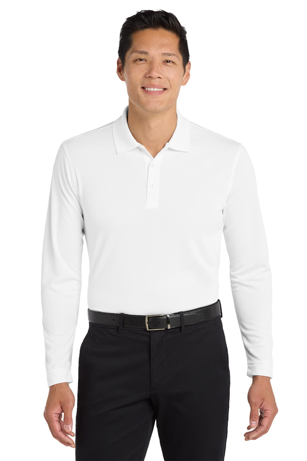 Port Authority K110LS Mens Dry Zone Performance Moisture Wicking Long Sleeve Polo Shirt White Model Front