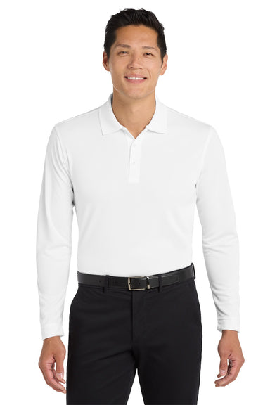 Port Authority K110LS Mens Dry Zone Performance Moisture Wicking Long Sleeve Polo Shirt White Model Front