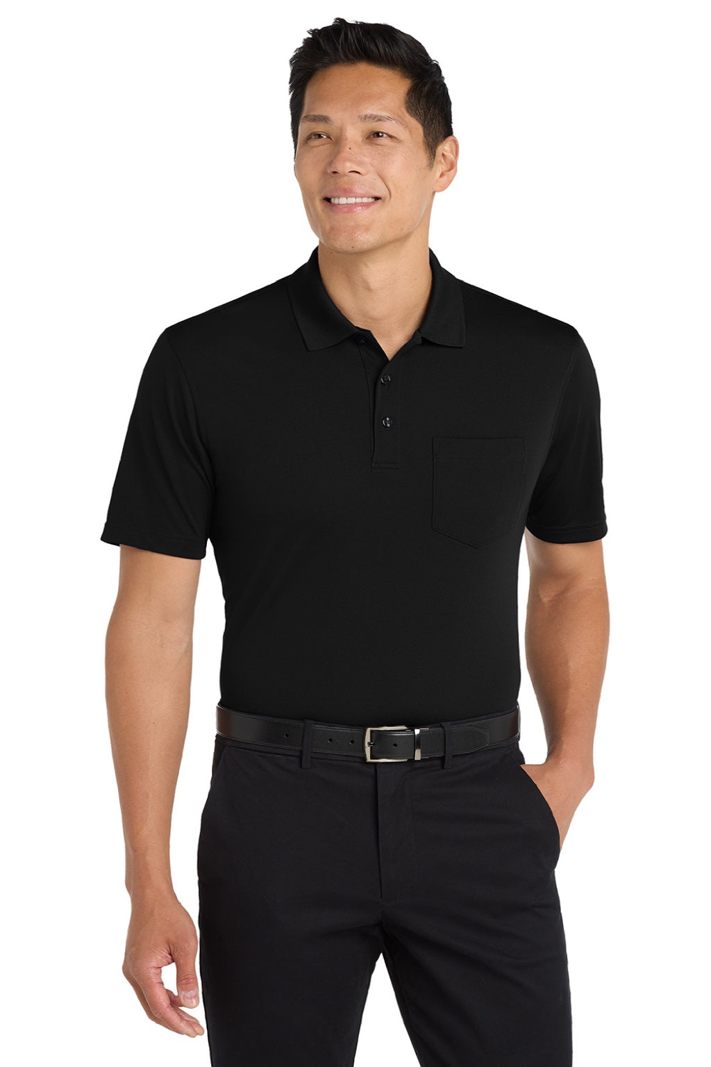 Port Authority K110P Mens Dry Zone Moisture Wicking Short Sleeve Polo Shirt w/ Pocket Deep Black Model Front