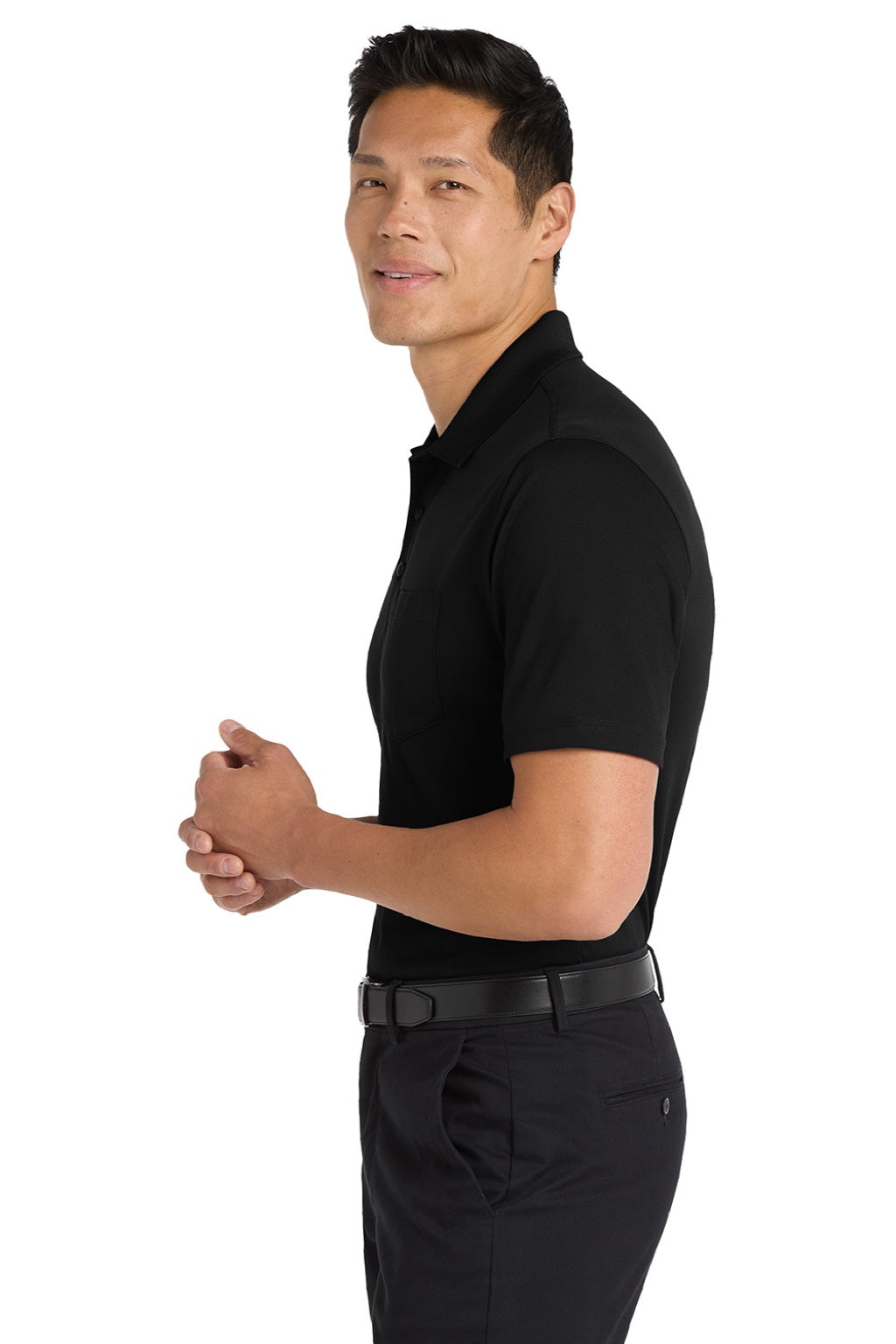 Port Authority K110P Mens Dry Zone Moisture Wicking Short Sleeve Polo Shirt w/ Pocket Deep Black Model Side
