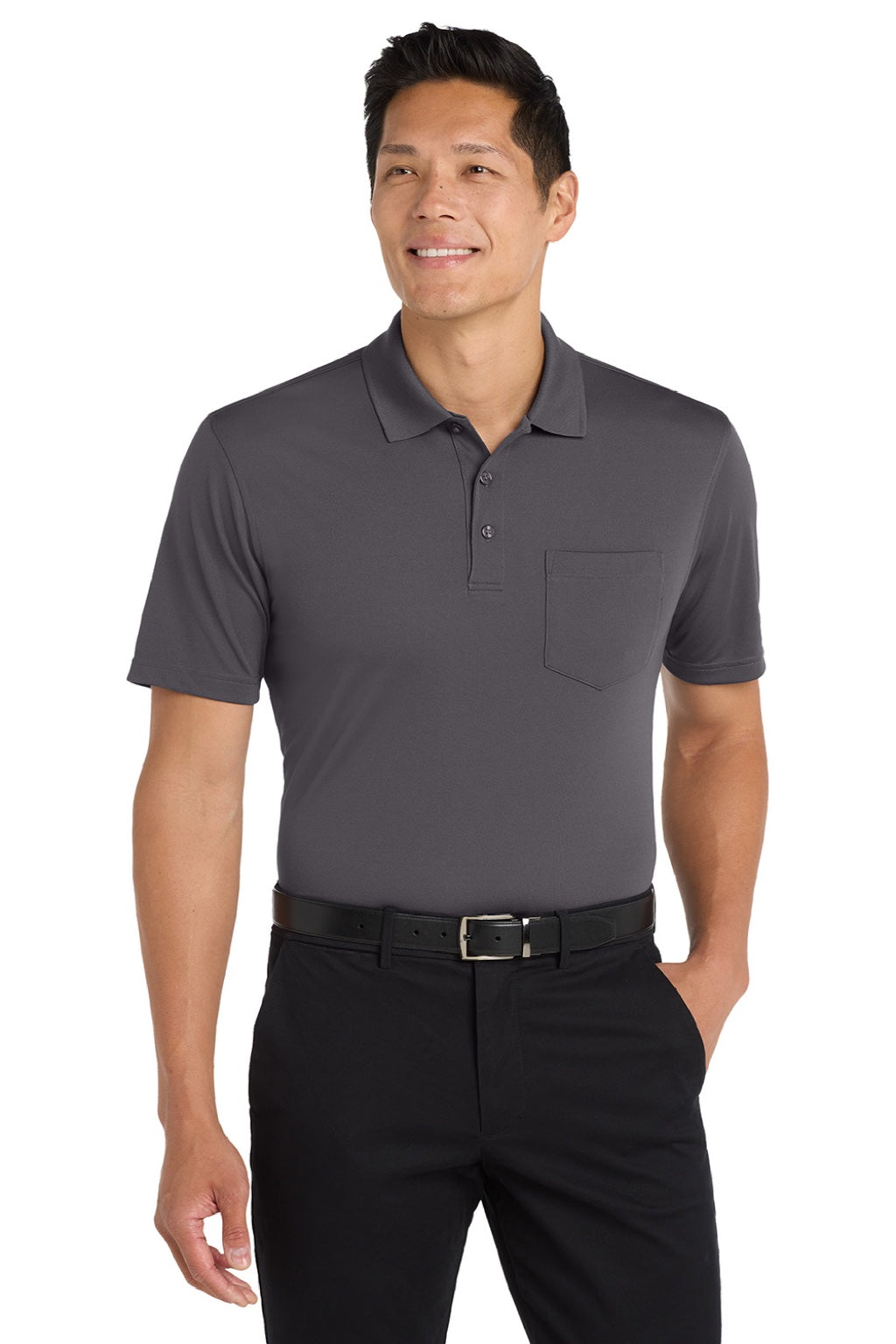 Port Authority K110P Mens Dry Zone Moisture Wicking Short Sleeve Polo Shirt w/ Pocket Graphite Grey Model Front
