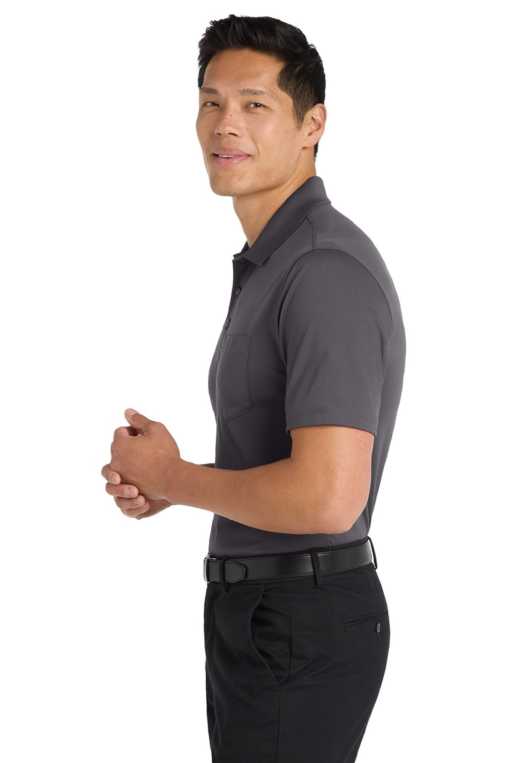 Port Authority K110P Mens Dry Zone Moisture Wicking Short Sleeve Polo Shirt w/ Pocket Graphite Grey Model Side