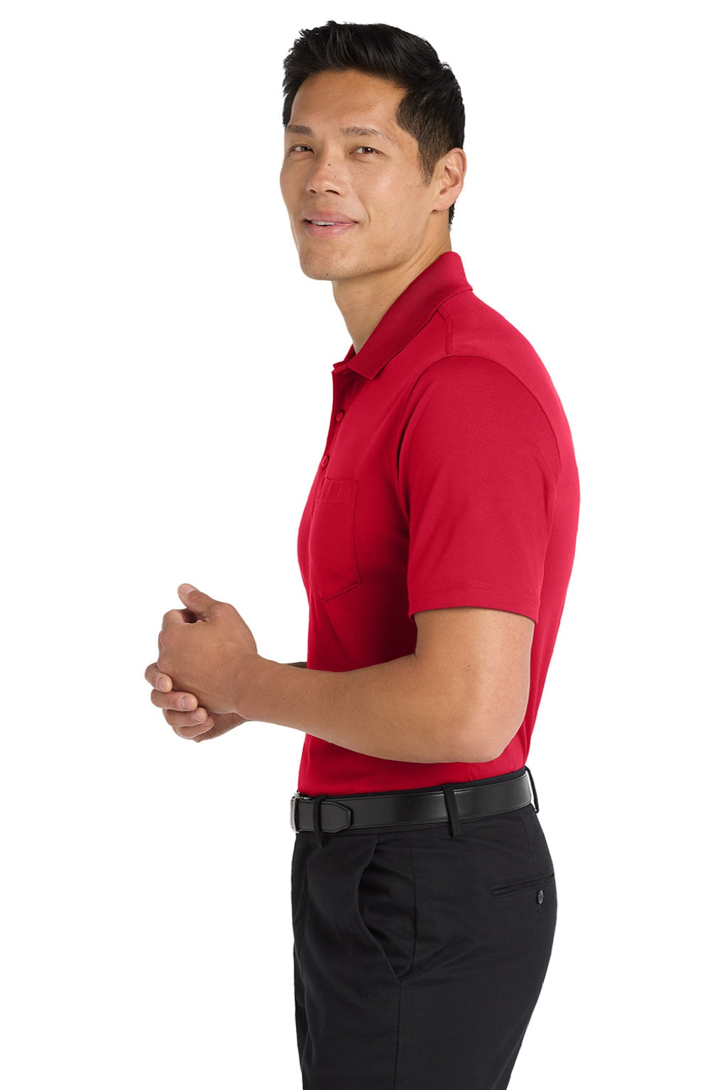 Port Authority K110P Mens Dry Zone Moisture Wicking Short Sleeve Polo Shirt w/ Pocket Rich Red Model Side