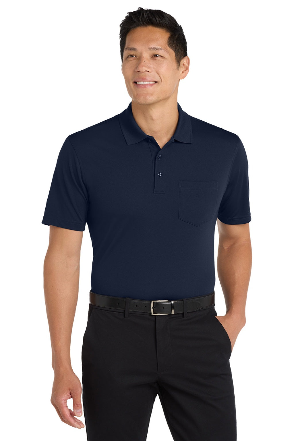 Port Authority K110P Mens Dry Zone Moisture Wicking Short Sleeve Polo Shirt w/ Pocket River Navy Blue Model Front