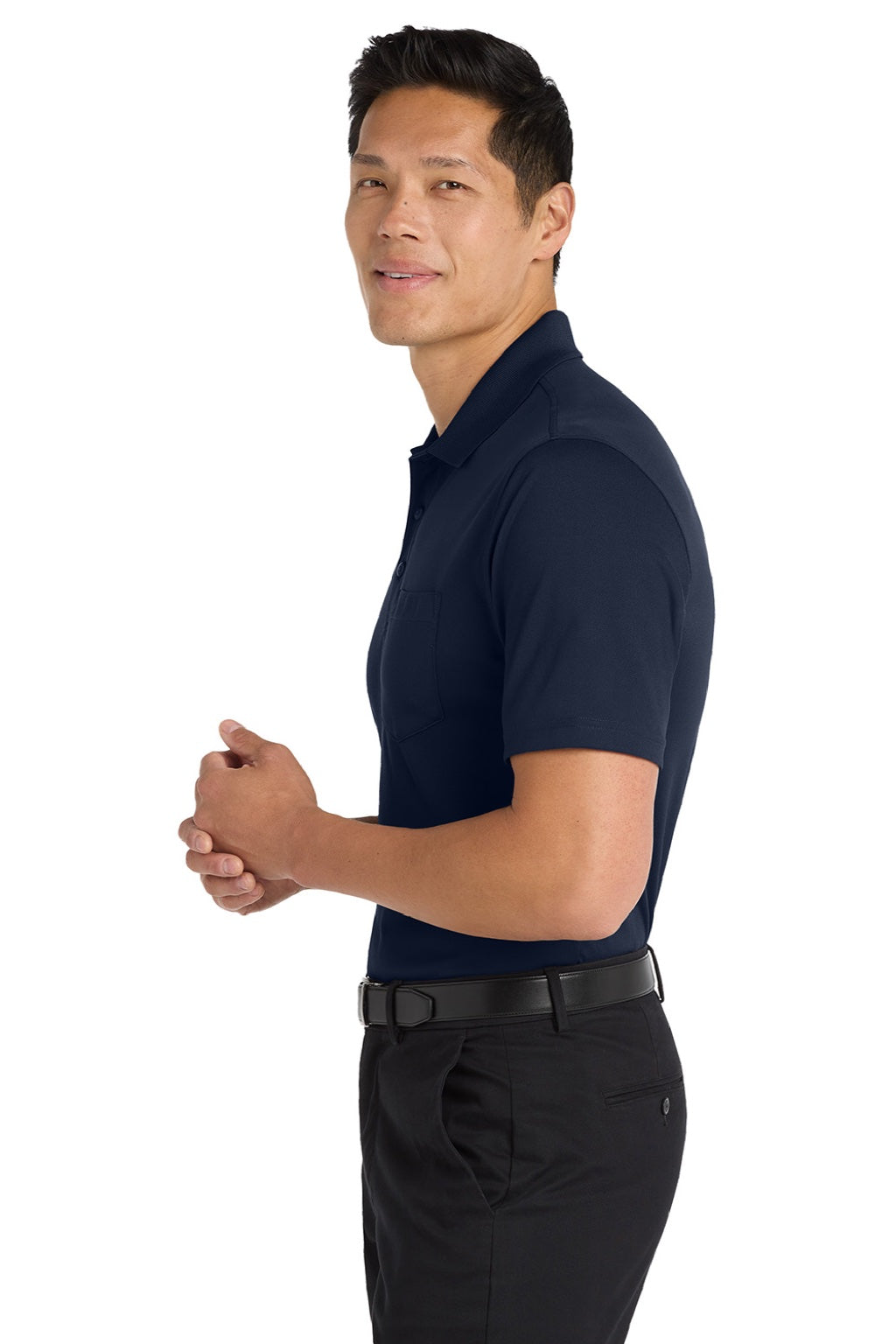 Port Authority K110P Mens Dry Zone Moisture Wicking Short Sleeve Polo Shirt w/ Pocket River Navy Blue Model Side