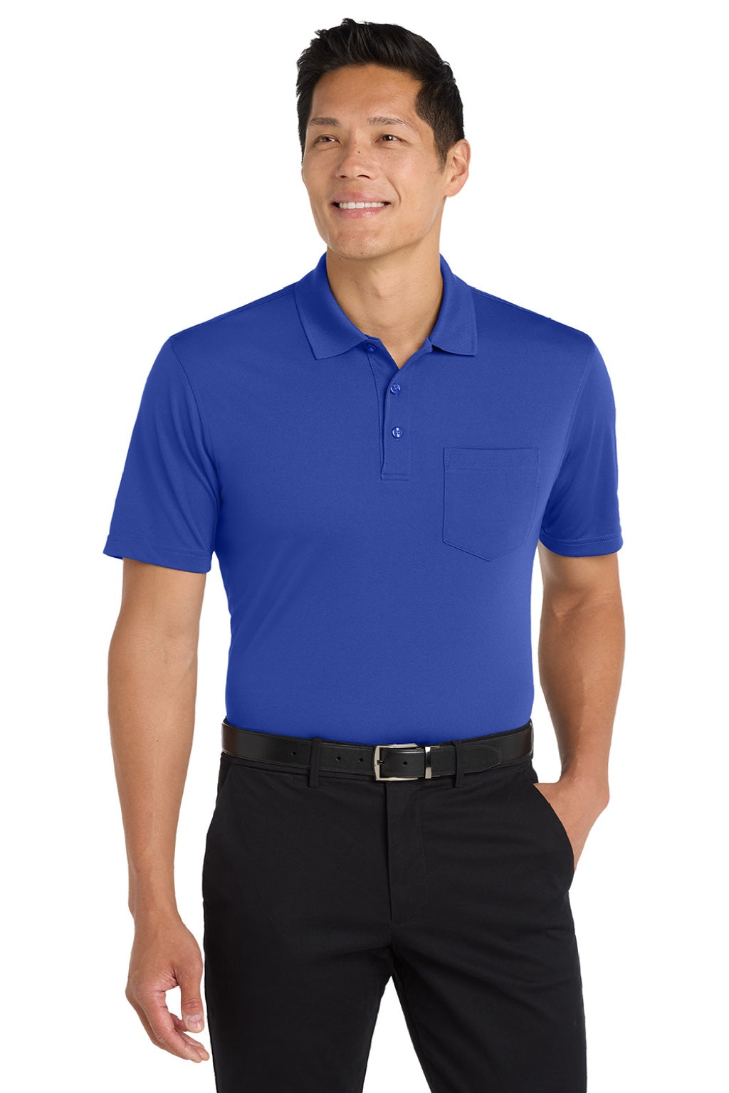 Port Authority K110P Mens Dry Zone Moisture Wicking Short Sleeve Polo Shirt w/ Pocket True Royal Blue Model Front