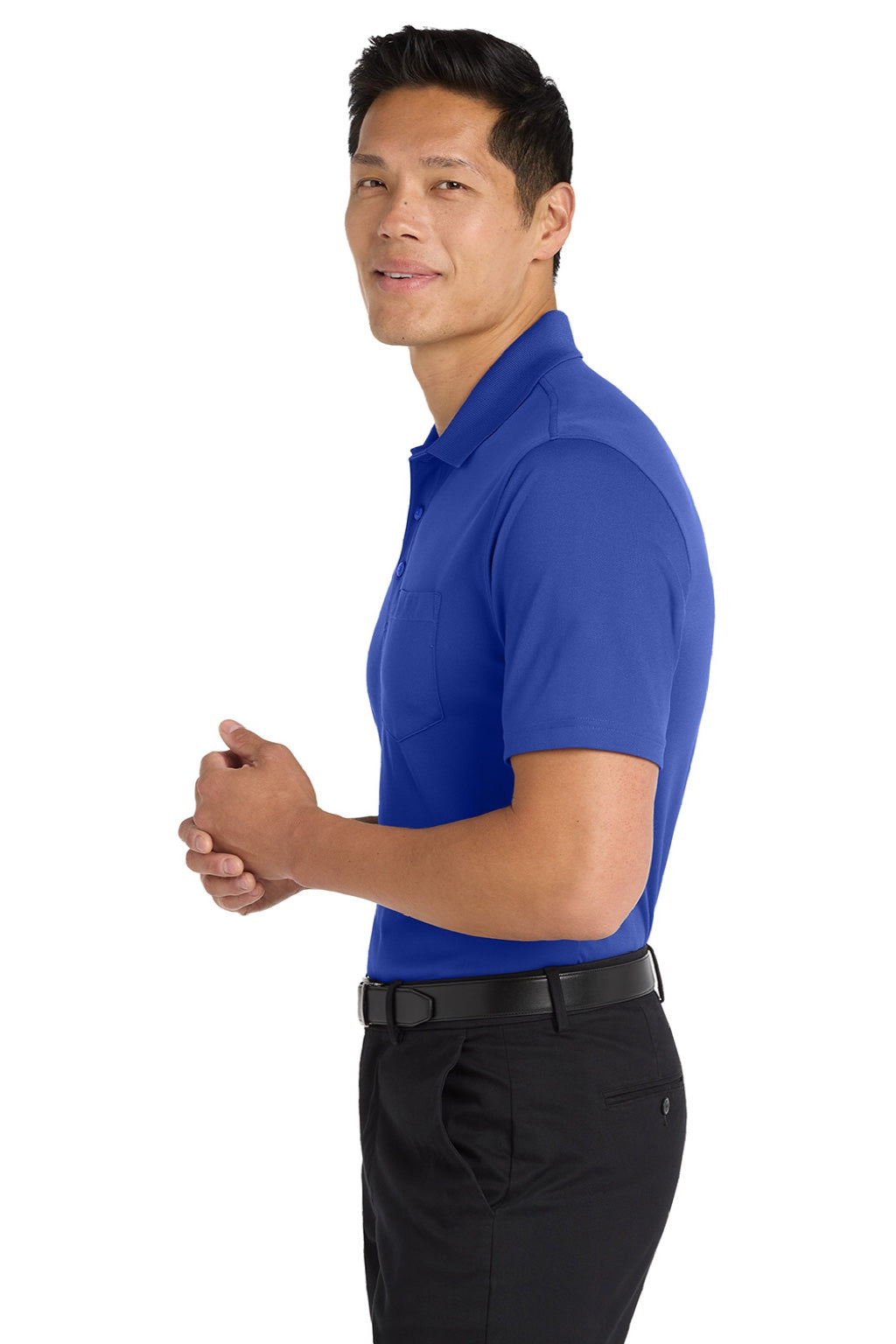 Port Authority K110P Mens Dry Zone Moisture Wicking Short Sleeve Polo Shirt w/ Pocket True Royal Blue Model Side